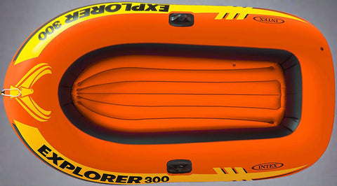 Intex Explorer 300 inflatable boat top view
3-person orange inflatable raft with oars
Durable vinyl inflatable boat for lake or pool
Explorer 300 model 58332NP with grab rope
Lightweight and compact Intex boat