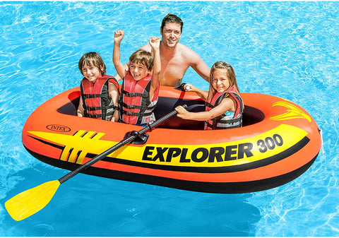 Intex Explorer 300 inflatable boat top view
3-person orange inflatable raft with oars
Durable vinyl inflatable boat for lake or pool
Explorer 300 model 58332NP with grab rope
Lightweight and compact Intex boat