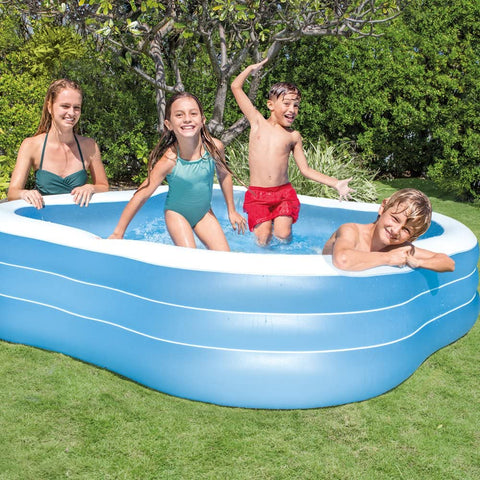 Intex Inflatable Family Pool – Blue Wave Design
Backyard Inflatable Pool – Intex 321 Gallon Capacity
Kids Swimming in Intex Wave Pool – Outdoor Setup
Large Inflatable Pool with Repair Patch – Top View
