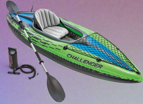 Intex Challenger K1 inflatable kayak on water
1-person green inflatable kayak set with oar and pump
Inflatable kayak with seat and cargo net
Kayak set components: paddle, pump, skeg, repair patch
Recreational lake kayak for solo paddlers