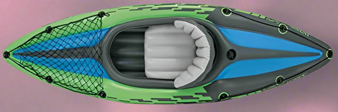 Intex Challenger K1 inflatable kayak on water
1-person green inflatable kayak set with oar and pump
Inflatable kayak with seat and cargo net
Kayak set components: paddle, pump, skeg, repair patch
Recreational lake kayak for solo paddlers