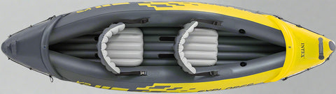 Intex Explorer K2 inflatable kayak on water with paddles
Top view of Explorer K2 kayak with seats and pump
Close-up of inflatable cockpit seats
Full kayak set with oars, pump, and skeg
Explorer K2 in yellow – packaged with accessories