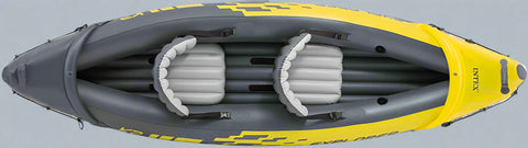 Intex Explorer K2 inflatable kayak on water with paddles
Top view of Explorer K2 kayak with seats and pump
Close-up of inflatable cockpit seats
Full kayak set with oars, pump, and skeg
Explorer K2 in yellow – packaged with accessories