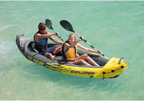 Intex Explorer K2 inflatable kayak on water with paddles
Top view of Explorer K2 kayak with seats and pump
Close-up of inflatable cockpit seats
Full kayak set with oars, pump, and skeg
Explorer K2 in yellow – packaged with accessories