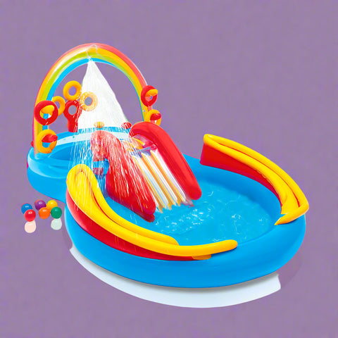 Rainbow-themed inflatable paddling pool with slide
Children playing on Intex Rainbow Ring pool with water sprayer
Complete top-down view of inflatable play center
Interactive game zone on Intex kids water park