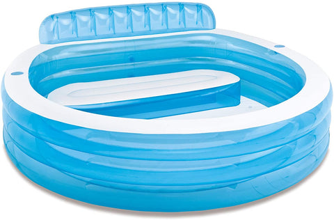 Intex Swim Center Family Lounge Pool with kids
Top view of inflatable lounge pool with bench
Inflatable family pool with built-in seat and backrest
Parents and kids relaxing in backyard pool
Blue vinyl family-size lounge pool filled with water