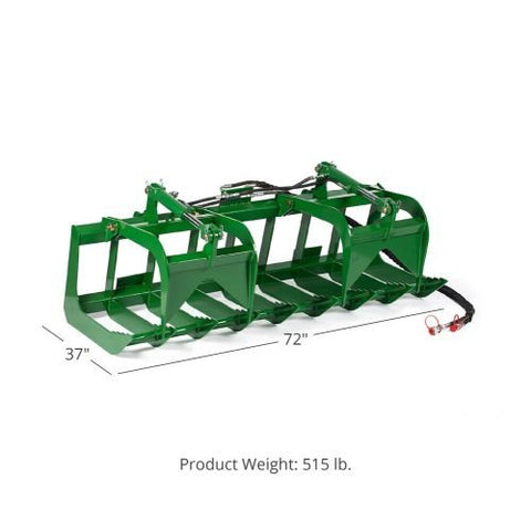 John Deere-compatible root grapple – front view
Dual grapple arms with 25-inch opening – side view