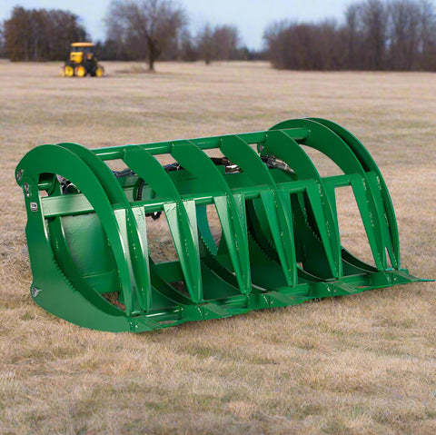 Green root grapple rake for John Deere tractors – 60 inch model
Dual-arm grapple rake with hook and pin mount – front view
Heavy-duty brush clearing grapple attachment – 72 inch width