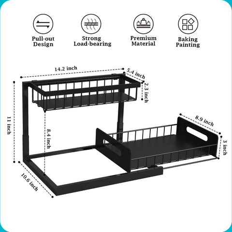 L-shaped under sink organizer with sliding drawer and tall bottles
Organizer under kitchen sink showing fit around plumbing
Close-up of smooth-sliding drawer design
Organizer loaded with cleaning supplies and sponges
Multi-angle view of assembled rack in modern kitchen