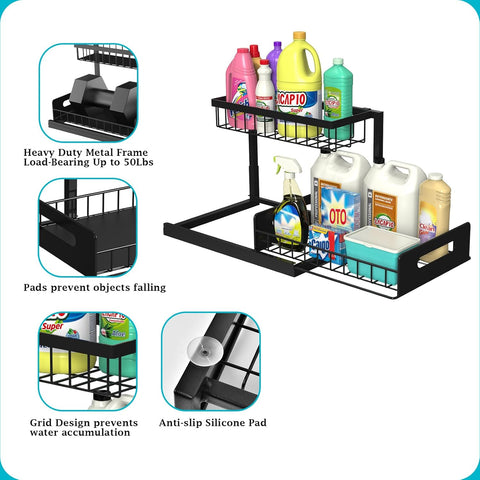 L-shaped under sink organizer with sliding drawer and tall bottles
Organizer under kitchen sink showing fit around plumbing
Close-up of smooth-sliding drawer design
Organizer loaded with cleaning supplies and sponges
Multi-angle view of assembled rack in modern kitchen