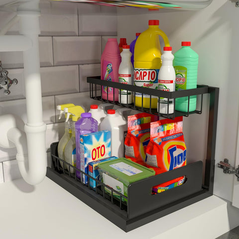 L-shaped under sink organizer with sliding drawer and tall bottles
Organizer under kitchen sink showing fit around plumbing
Close-up of smooth-sliding drawer design
Organizer loaded with cleaning supplies and sponges
Multi-angle view of assembled rack in modern kitchen