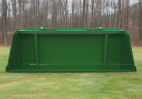 Front view of green 96-inch snow and mulch bucket for John Deere tractors
Side view of reinforced high-capacity tractor loader bucket