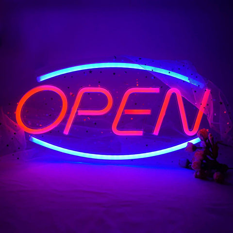 “Red and blue LED open neon sign on bedroom wall”
“Decorative LED open light sign glowing in dark room”
“Compact wall-mount LED open sign for stores or home use”