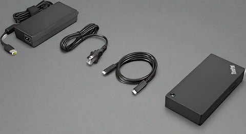 Lenovo ThinkPad USB-C Dock top view
Docking station with HDMI, DisplayPort, and USB ports
Open box dock with accessories included
Rear panel showing power and video output ports