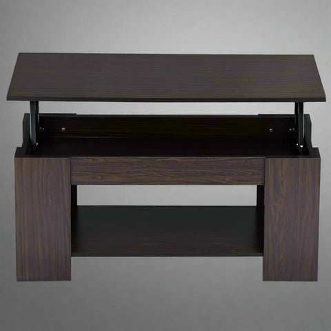 Lift-top coffee table with storage compartment and laptop workstation function – modern accent design in brown and white finish