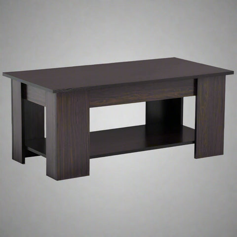 Lift-top coffee table with storage compartment and laptop workstation function – modern accent design in brown and white finish