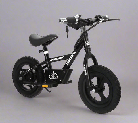 Kids 16" black electric balance bike with training wheels
Side view of 12" black lithium e-bike for children