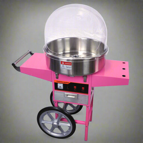 Pink Candy Floss Machine with Dome Cover – Front View
Commercial Cotton Candy Machine – Close-Up of Controls
Candy Floss Cart with Wheels – Party Setup
Dome Cover Cotton Candy Maker – Rear View
Pink Cotton Candy Machine in Use – Carnival Event