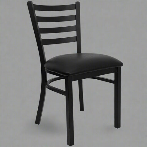 Black Metal Restaurant Chair with Padded Seat – Front View
Side Profile of Commercial Dining Chair – Ladder Back Design
Stackable Black Metal Chair with Cushioned Seat
Commercial Dining Chair for Café or Restaurant Setting