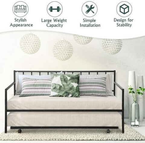 “Metal twin daybed with trundle frame – space-saving black design”
“Convertible sofa bed with pull-out trundle for guests”
“Steel twin bed frame with trundle rollers – black finish”