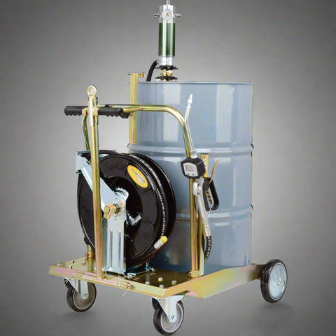 “Mobile 5:1 oil pump kit with hose reel and digital meter”
“Industrial air-operated oil transfer system on trolley”
“Pneumatic oil pump for 55-gallon drum with 12 ft hose”
“Heavy-duty drum cart oil dispensing system”
“Oil pump with digital control valve and large wheels”