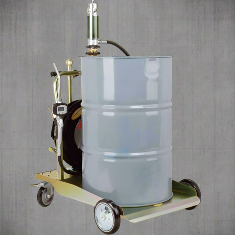 “Mobile 5:1 oil pump kit with hose reel and digital meter”
“Industrial air-operated oil transfer system on trolley”
“Pneumatic oil pump for 55-gallon drum with 12 ft hose”
“Heavy-duty drum cart oil dispensing system”
“Oil pump with digital control valve and large wheels”