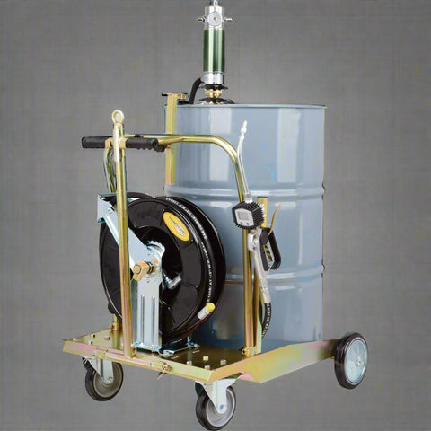 “Mobile 5:1 oil pump kit with hose reel and digital meter”
“Industrial air-operated oil transfer system on trolley”
“Pneumatic oil pump for 55-gallon drum with 12 ft hose”
“Heavy-duty drum cart oil dispensing system”
“Oil pump with digital control valve and large wheels”