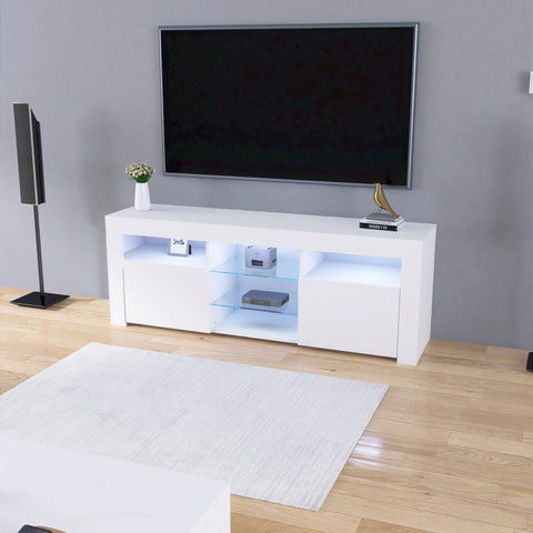 Modern white LED TV cabinet with storage drawers
High gloss entertainment unit with open shelves
Side view of LED-lit TV cabinet setup
Drawer and compartment detail in white gloss TV unit