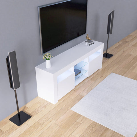 Modern white LED TV cabinet with storage drawers
High gloss entertainment unit with open shelves
Side view of LED-lit TV cabinet setup
Drawer and compartment detail in white gloss TV unit