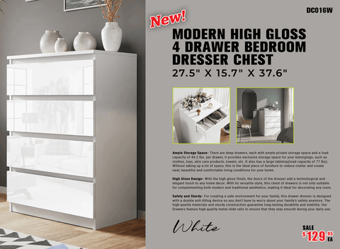 “White high gloss 2-drawer bedroom dresser”
“Black modern drawer chest with glossy finish”
“Modern white storage cabinet in bedroom setting”
“High gloss 8-drawer dresser for large storage”
“Contemporary white and black dressers for bedrooms”