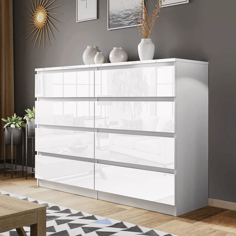 “White high gloss 2-drawer bedroom dresser”
“Black modern drawer chest with glossy finish”
“Modern white storage cabinet in bedroom setting”
“High gloss 8-drawer dresser for large storage”
“Contemporary white and black dressers for bedrooms”