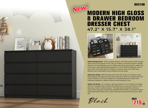 “White high gloss 2-drawer bedroom dresser”
“Black modern drawer chest with glossy finish”
“Modern white storage cabinet in bedroom setting”
“High gloss 8-drawer dresser for large storage”
“Contemporary white and black dressers for bedrooms”