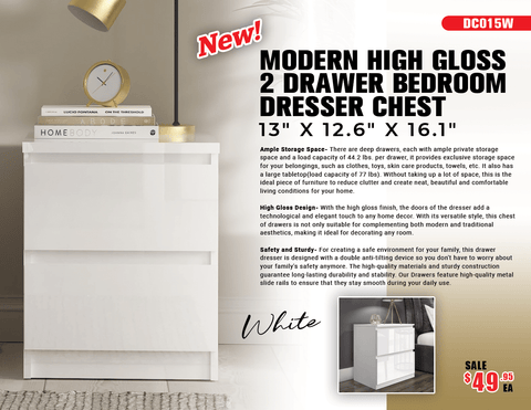 “White high gloss 2-drawer bedroom dresser”
“Black modern drawer chest with glossy finish”
“Modern white storage cabinet in bedroom setting”
“High gloss 8-drawer dresser for large storage”
“Contemporary white and black dressers for bedrooms”