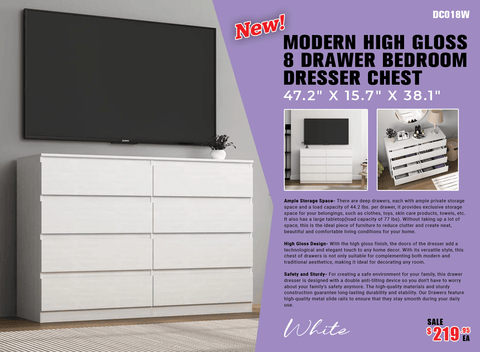 “White high gloss 2-drawer bedroom dresser”
“Black modern drawer chest with glossy finish”
“Modern white storage cabinet in bedroom setting”
“High gloss 8-drawer dresser for large storage”
“Contemporary white and black dressers for bedrooms”