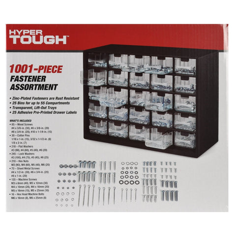 Multipurpose fastener kit with labeled drawers
1001-piece screw and bolt organizer cabinet
Open storage cabinet with hardware compartments
Assorted fasteners and storage trays
Compact metal fastener case for shop and garage use