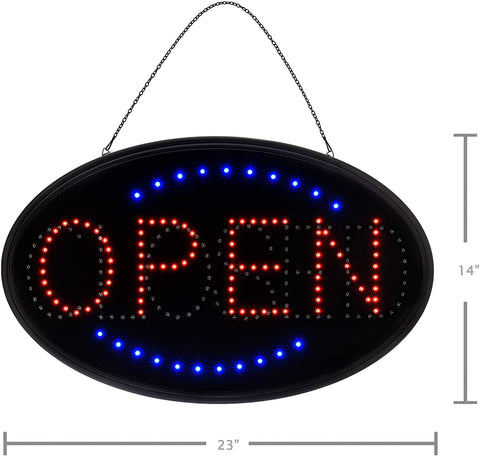 “LED open closed sign with flashing red and blue lights”
“23x14 LED sign for store window with hanging chain”
“Bright compact LED open closed display board”