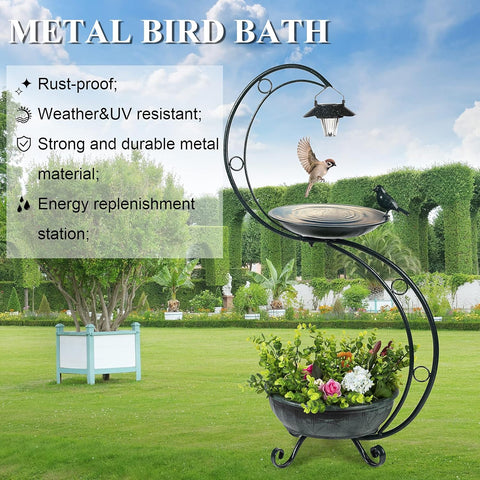 bird bathing in metal solar garden ornament with planter
metal frame bird bath with flowers and solar LED lantern