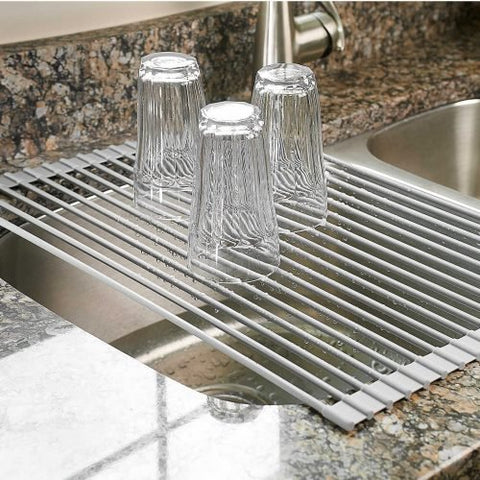 Large gray over-the-sink roll-up dish drying rack with stainless steel rods for multipurpose kitchen use – heat-resistant BPA-free silicone design