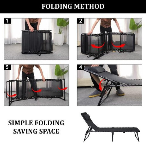Black Adjustable Folding Patio Chaise Lounge Chair – Side View
Reclining Outdoor Lounge Chair Folded for Storage
Cushioned Folding Chaise Chair – Adjustable Backrest Positions
Patio Recliner in Outdoor Use Setting – Backyard or Poolside
Person Relaxing on Black Folding Patio Chaise Chair