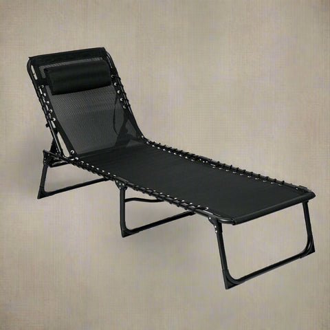Black Adjustable Folding Patio Chaise Lounge Chair – Side View
Reclining Outdoor Lounge Chair Folded for Storage
Cushioned Folding Chaise Chair – Adjustable Backrest Positions
Patio Recliner in Outdoor Use Setting – Backyard or Poolside
Person Relaxing on Black Folding Patio Chaise Chair