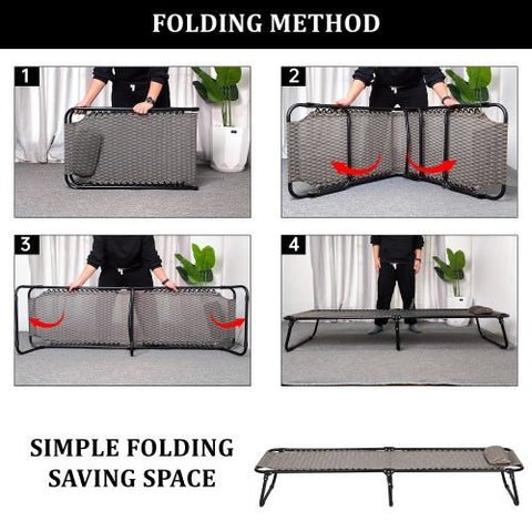Black Adjustable Folding Patio Chaise Lounge Chair – Side View
Reclining Outdoor Lounge Chair Folded for Storage
Cushioned Folding Chaise Chair – Adjustable Backrest Positions
Patio Recliner in Outdoor Use Setting – Backyard or Poolside
Person Relaxing on Black Folding Patio Chaise Chair