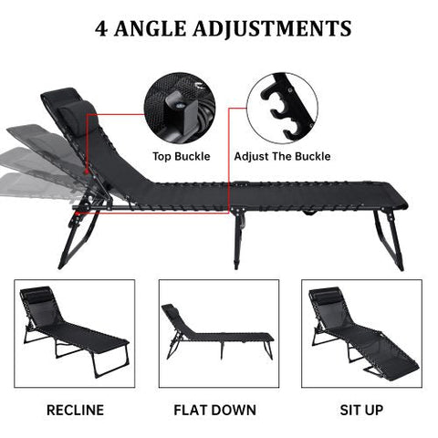 Black Adjustable Folding Patio Chaise Lounge Chair – Side View
Reclining Outdoor Lounge Chair Folded for Storage
Cushioned Folding Chaise Chair – Adjustable Backrest Positions
Patio Recliner in Outdoor Use Setting – Backyard or Poolside
Person Relaxing on Black Folding Patio Chaise Chair