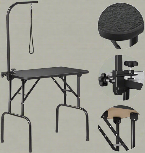 Pet Grooming Table with Adjustable Arm – Front View
Black Dog Grooming Table with Loop and Arm
Foldable Grooming Table for Dogs – Side Angle