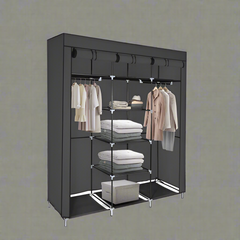 Portable Fabric Wardrobe Closet – Front View
Black 9-Shelf Fabric Closet Organizer – Assembled
Interior Layout Showing Hanging Rods and Shelves
Foldable Closet Organizer – Zipper Cover Open
Fabric Wardrobe in Bedroom Setting