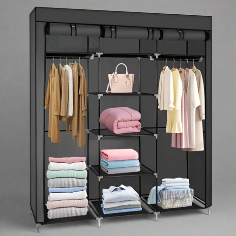 Portable Fabric Wardrobe Closet – Front View
Black 9-Shelf Fabric Closet Organizer – Assembled
Interior Layout Showing Hanging Rods and Shelves
Foldable Closet Organizer – Zipper Cover Open
Fabric Wardrobe in Bedroom Setting