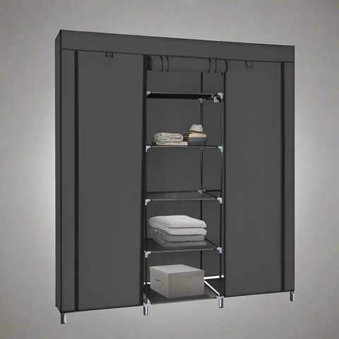 Portable Fabric Wardrobe Closet – Front View
Black 9-Shelf Fabric Closet Organizer – Assembled
Interior Layout Showing Hanging Rods and Shelves
Foldable Closet Organizer – Zipper Cover Open
Fabric Wardrobe in Bedroom Setting