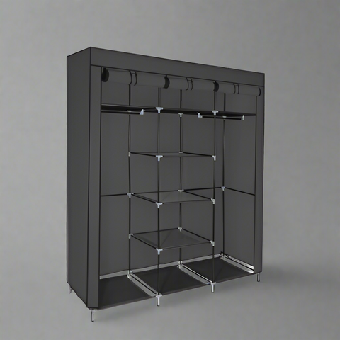 Portable Fabric Wardrobe Closet – Front View
Black 9-Shelf Fabric Closet Organizer – Assembled
Interior Layout Showing Hanging Rods and Shelves
Foldable Closet Organizer – Zipper Cover Open
Fabric Wardrobe in Bedroom Setting