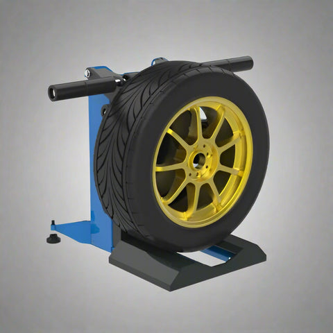 Portable pneumatic tire lift for 150 lb wheels
Side view of tire lifting tool with foot pedal
Adjustable height wheel lift tool for garages
Tire shop equipment with pneumatic assist
Red and black tire wheel lifter for mechanics