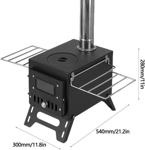 Portable wood burning stove for tent heating
Compact camp heater with chimney pipe
Foldable wood stove with cooking surface
Outdoor tent stove heating in camping setup
Stainless steel wood-burning camping heater