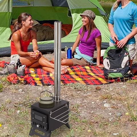 Portable wood burning stove for tent heating
Compact camp heater with chimney pipe
Foldable wood stove with cooking surface
Outdoor tent stove heating in camping setup
Stainless steel wood-burning camping heater